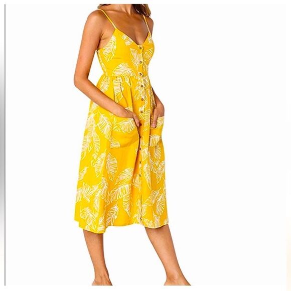 Palm Leaf Tropical Midi Dress - Yellow Boho Romantic Cottage Core - Picture 1 of 10